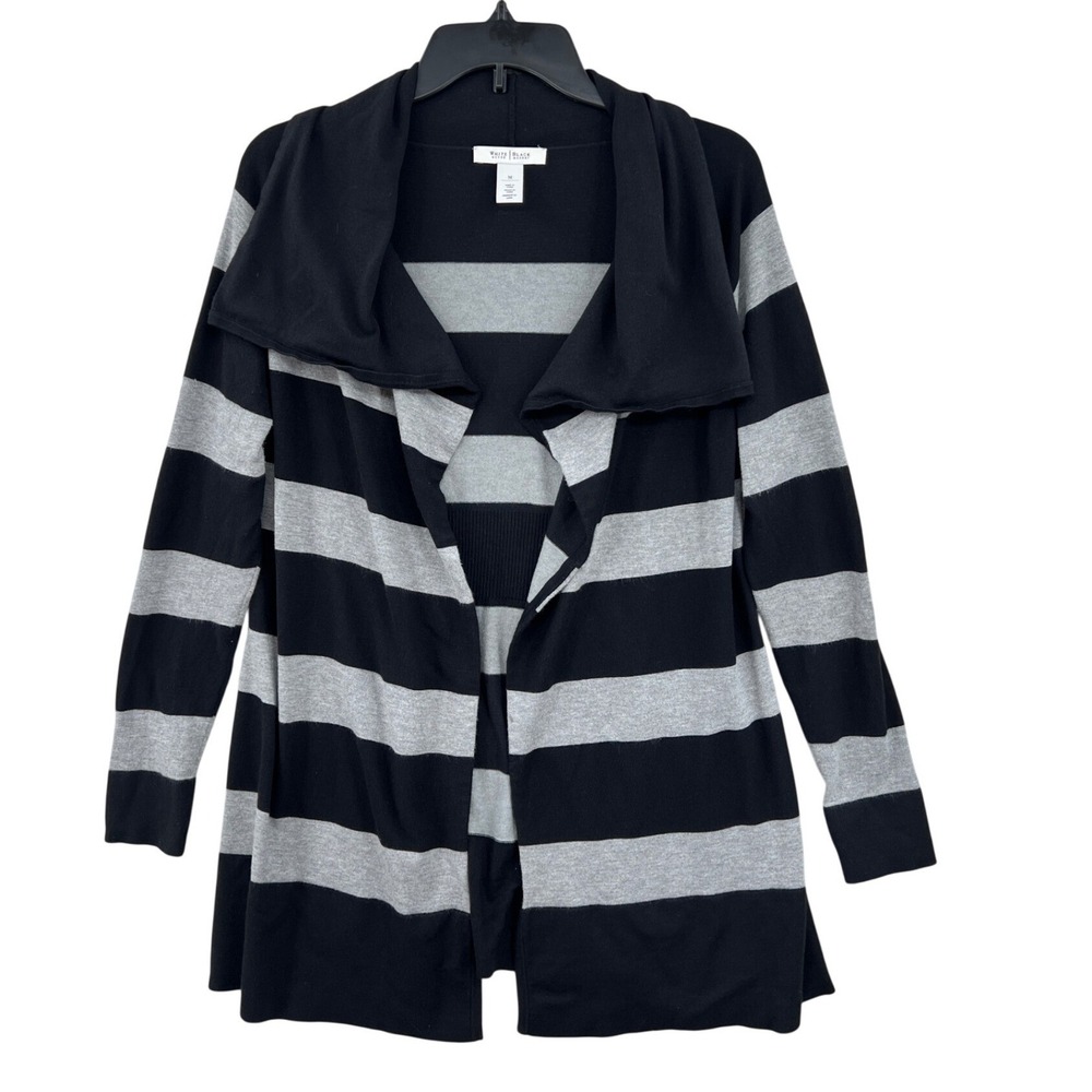 White House‎ Black Market Long Striped Cardigan Size M Black Grey Shawl Collar